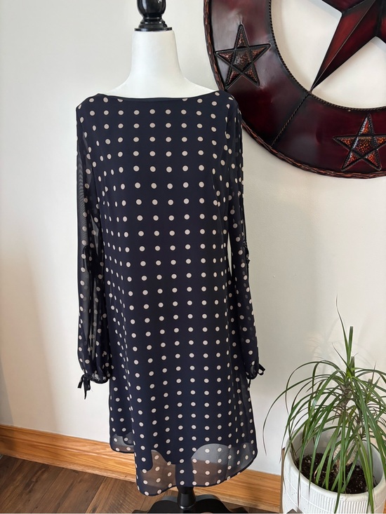 Chaps Dresses & Skirts - Chaps Polka Dot Feminine Navy Crewneck Dress with Sheer Tie-Up Sleeves Sz 8
